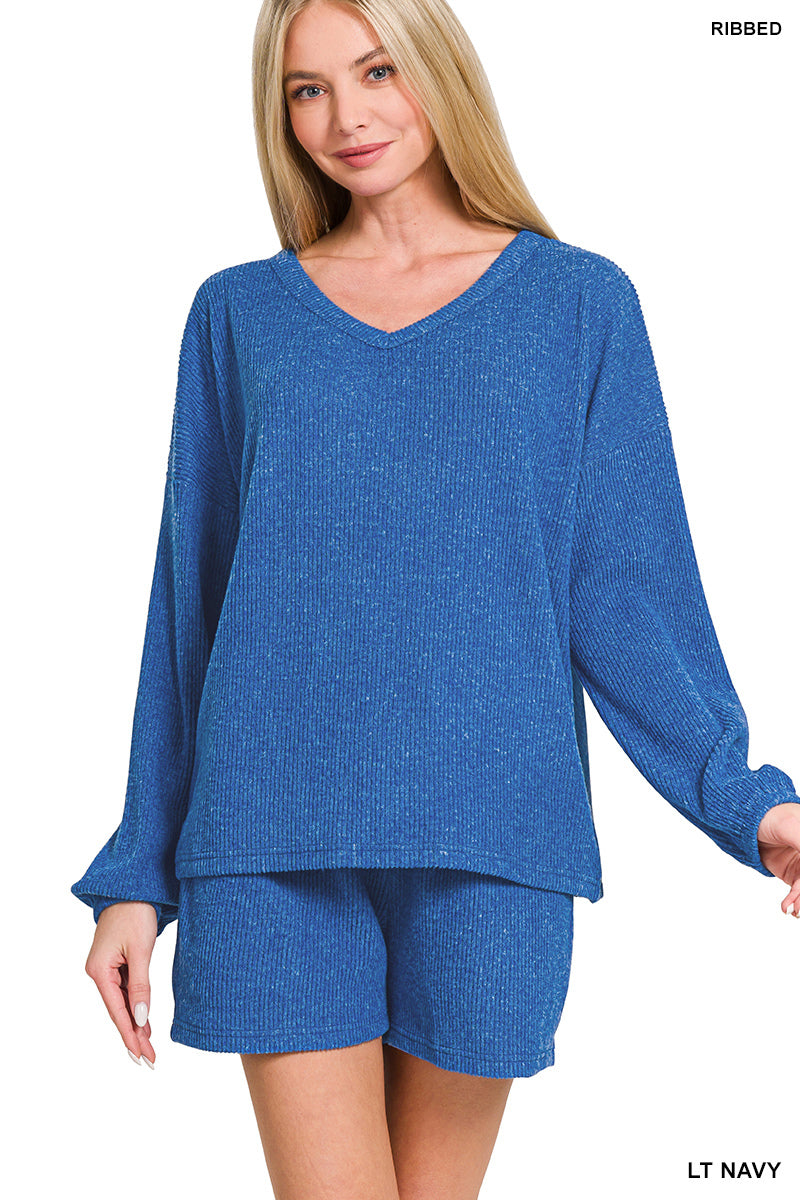 Brushed Ribbed Hacci V-Neck Long Sleeve Top and Shorts Set Light Navy