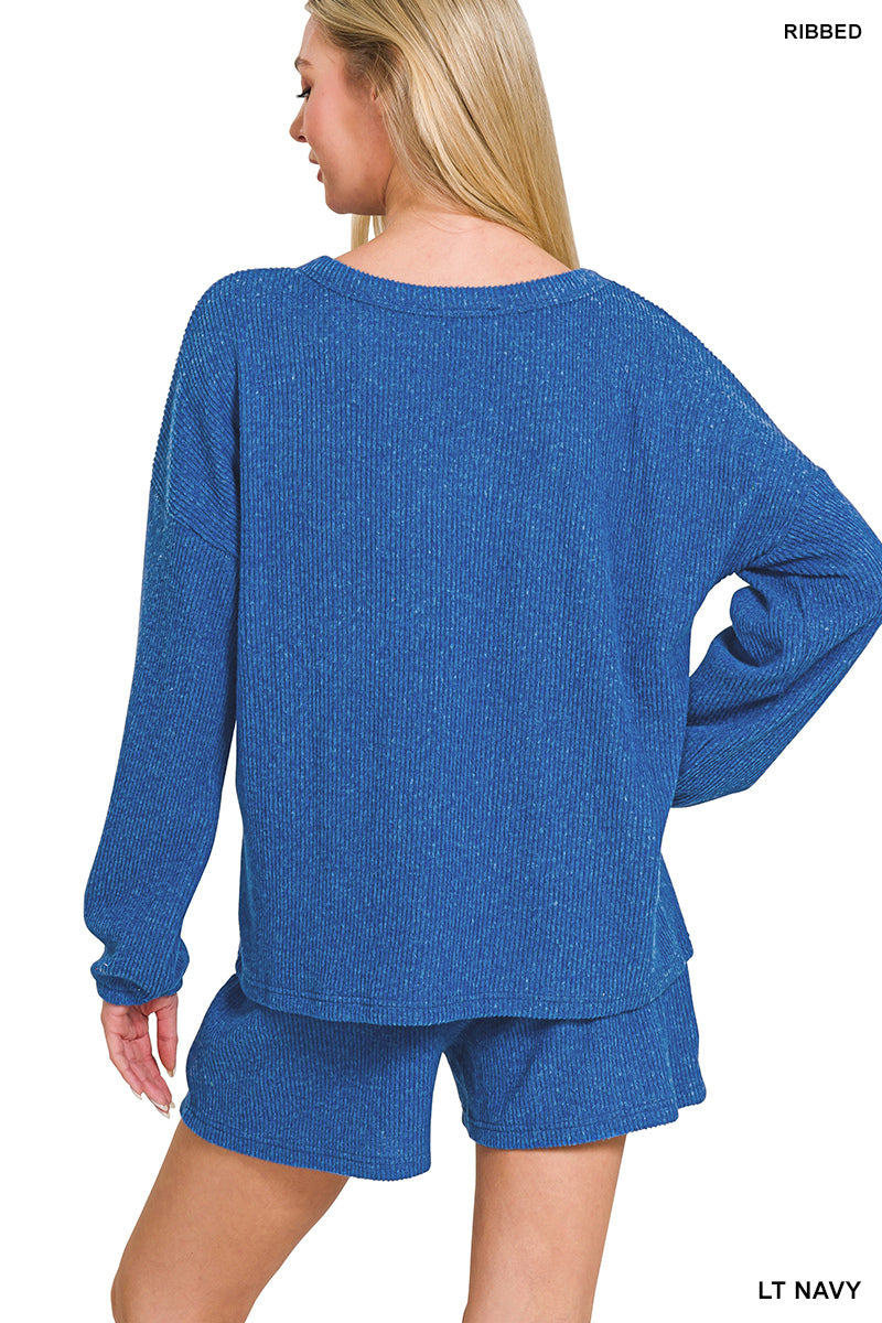 Brushed Ribbed Hacci V-Neck Long Sleeve Top and Shorts Set Light Navy
