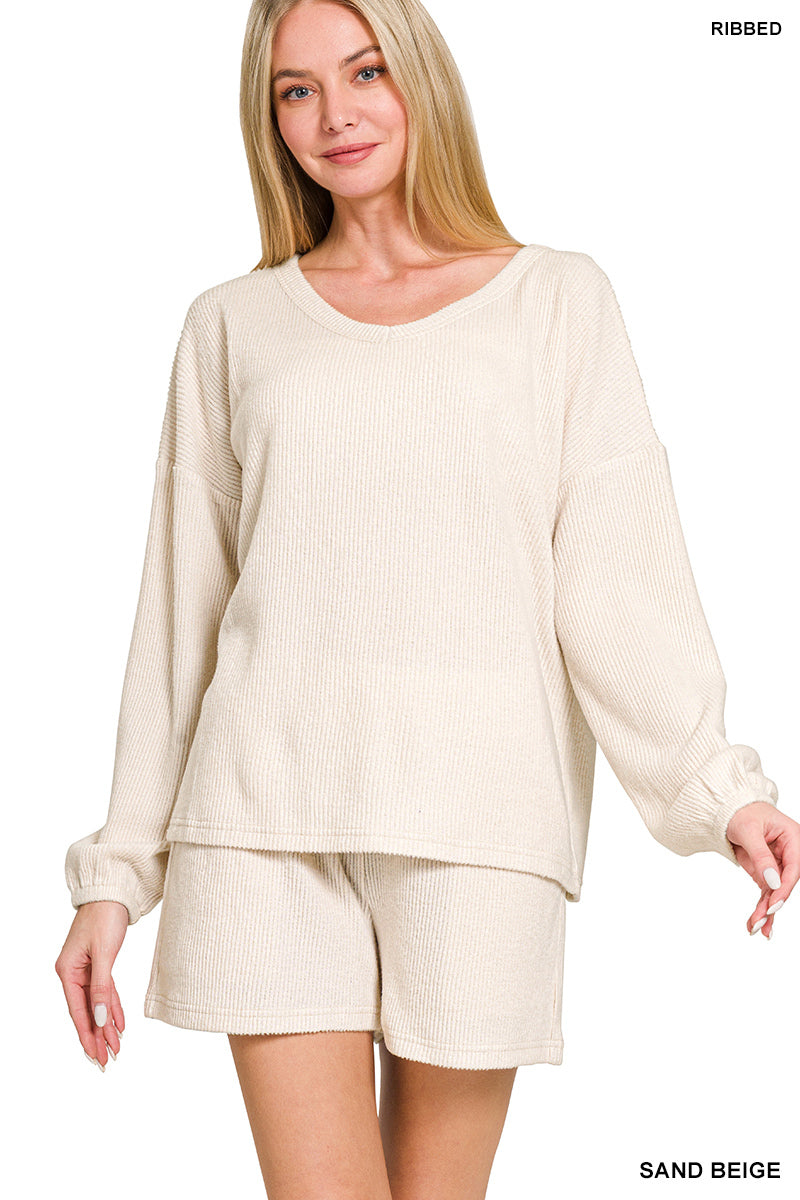 Brushed Ribbed Hacci V-Neck Long Sleeve Top and Shorts Set Sand Beige