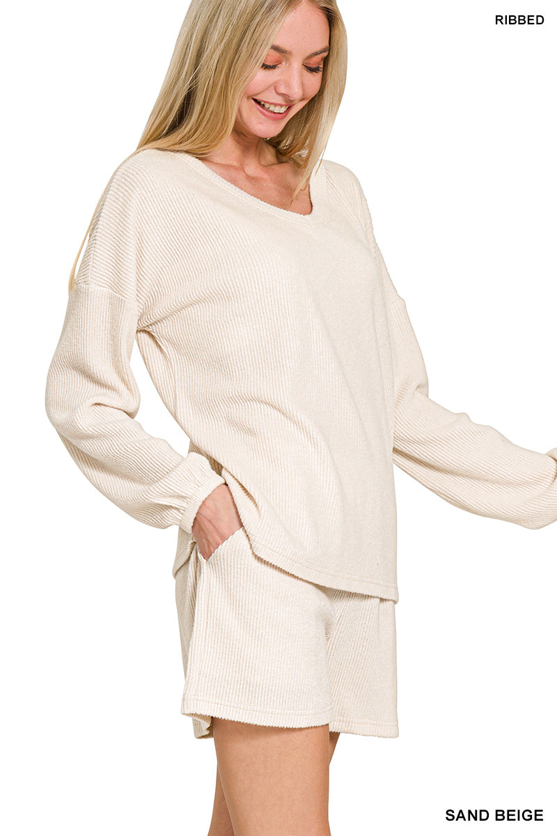 Brushed Ribbed Hacci V-Neck Long Sleeve Top and Shorts Set Sand Beige