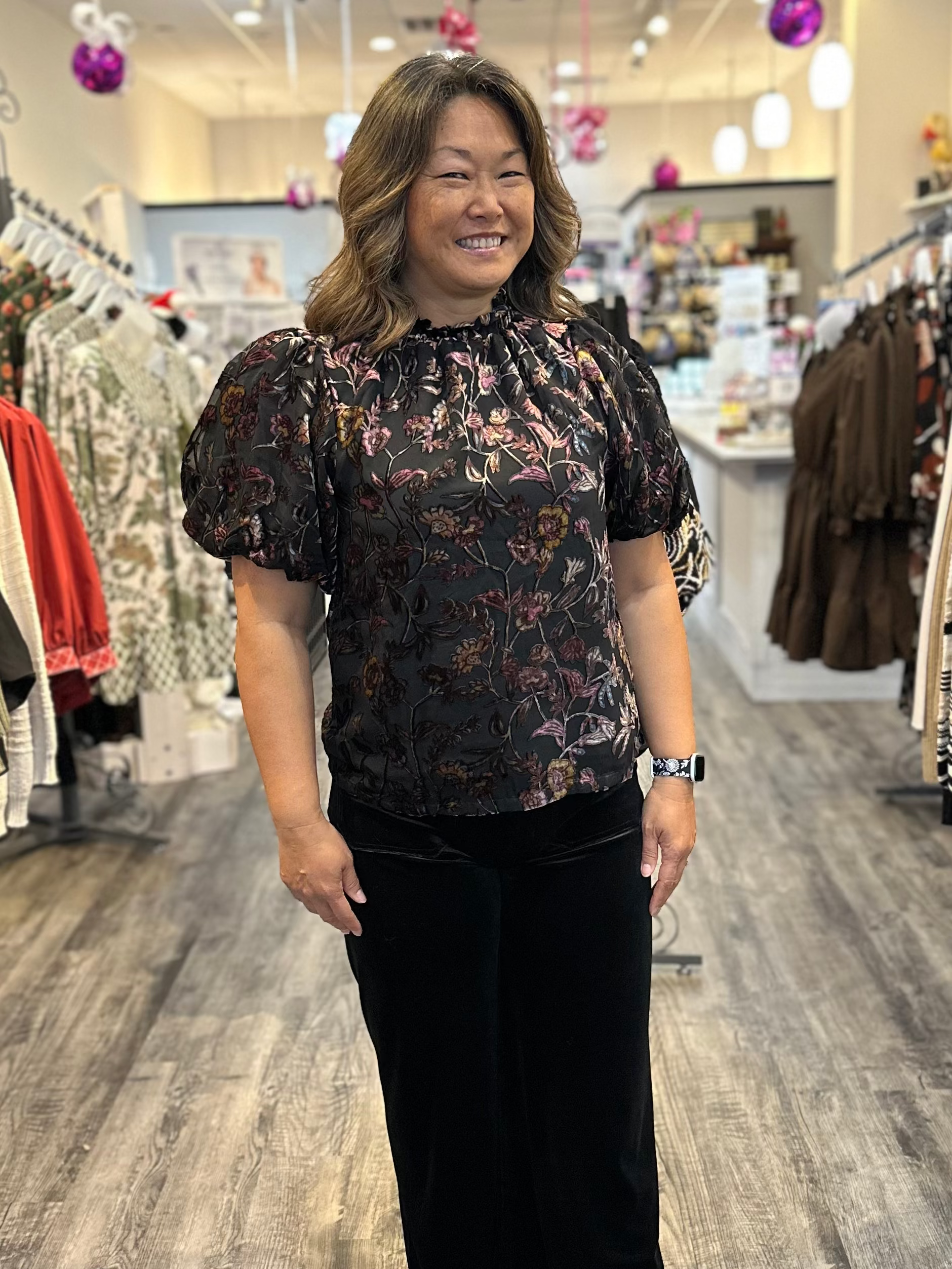 Puff Sleeve Velvet Detail Top