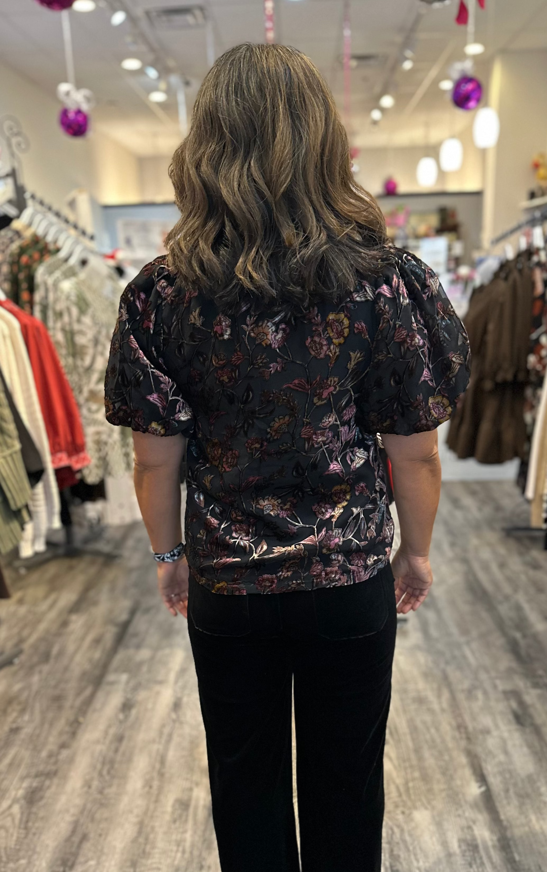 Puff Sleeve Velvet Detail Top