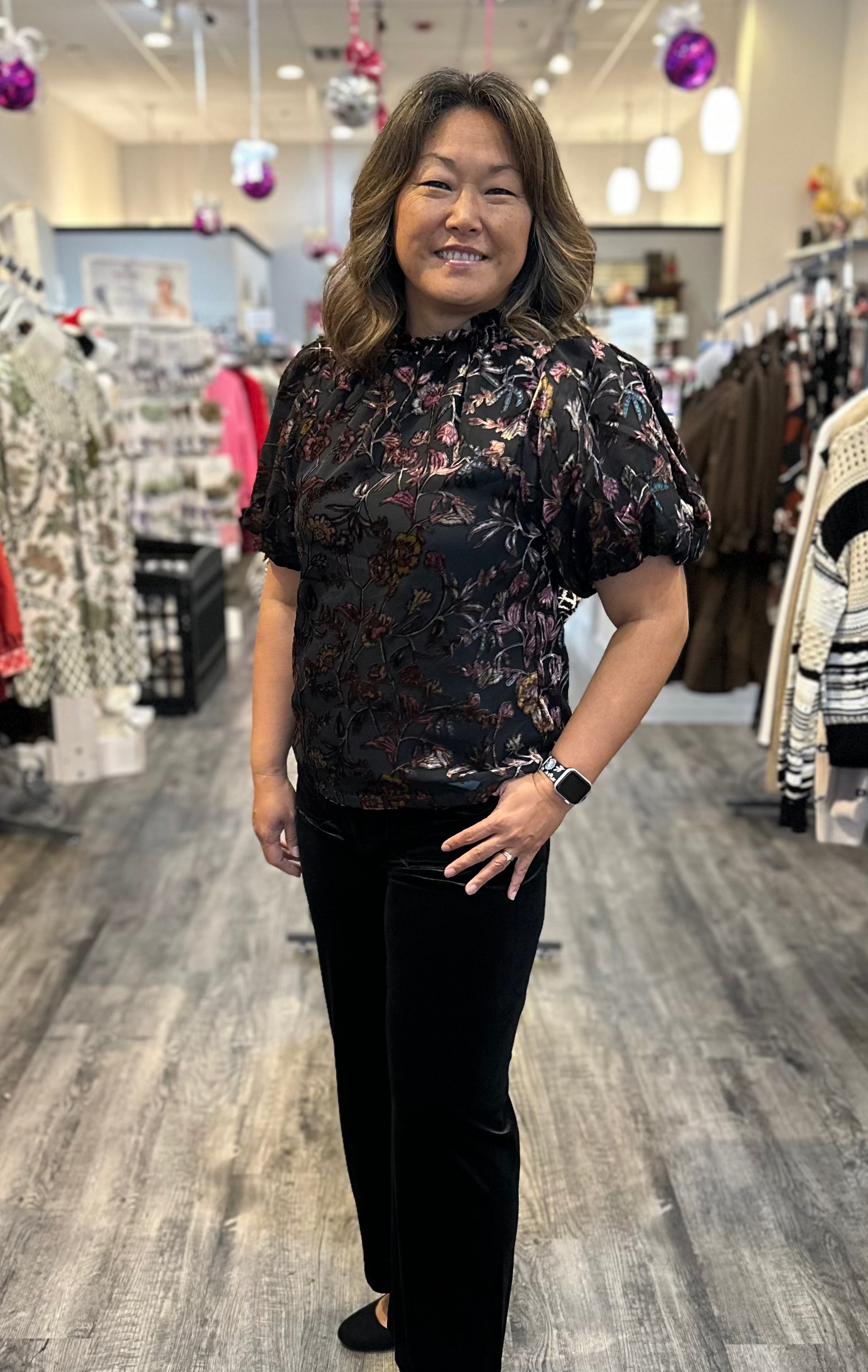 Puff Sleeve Velvet Detail Top