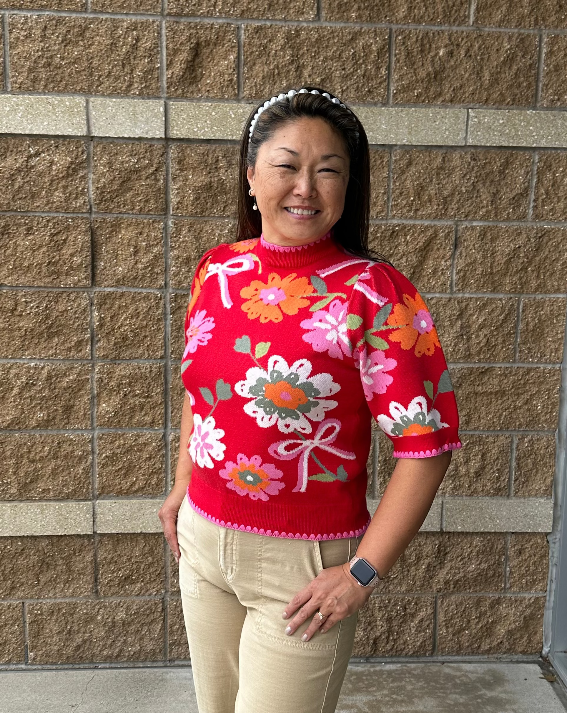 red sweater with floral print