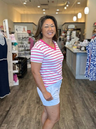 Zenana Tops - T-Shirts Striped V-Neck T-Shirt Hot Pink
