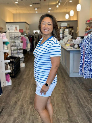 Striped White/blue V-Neck Short Sleeve Tee