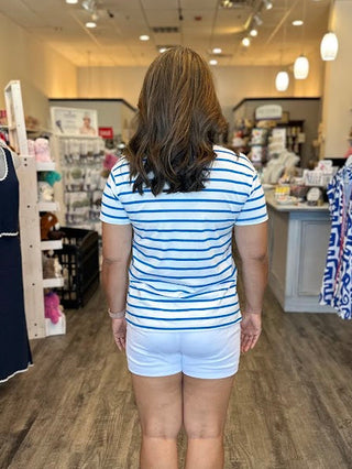 Striped White/blue V-Neck Short Sleeve Tee