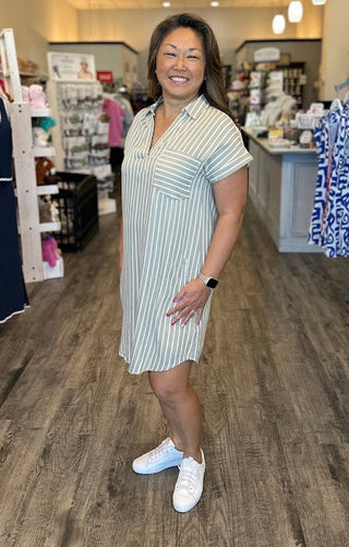 Blu Pepper Dresses Stripe Collared Short Sleeve Shirt Dress Olive