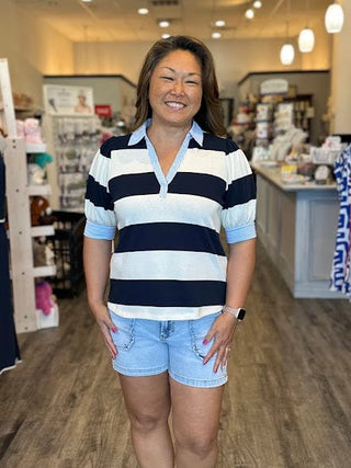 Staccato Tops - Blouse Sm Half Puff Sleeve Rugby Striped w/Pinstripe Contrast Navy/White