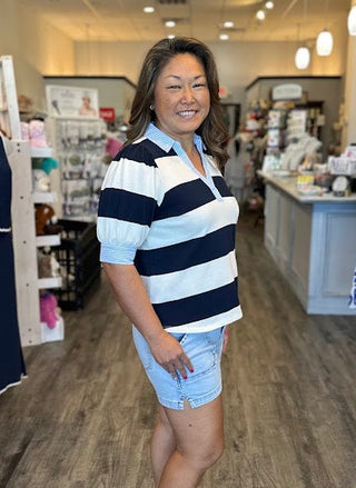 Staccato Tops - Blouse Sm Half Puff Sleeve Rugby Striped w/Pinstripe Contrast Navy/White