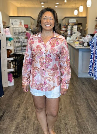 Pink paisley long sleeve button down shirt