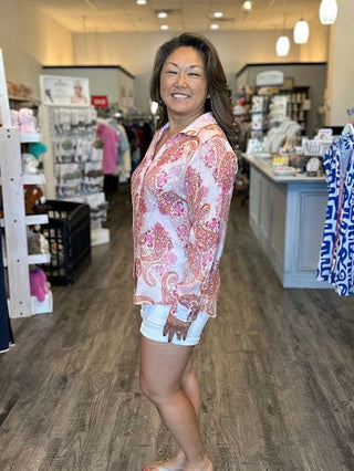 Pink paisley long sleeve button down shirt