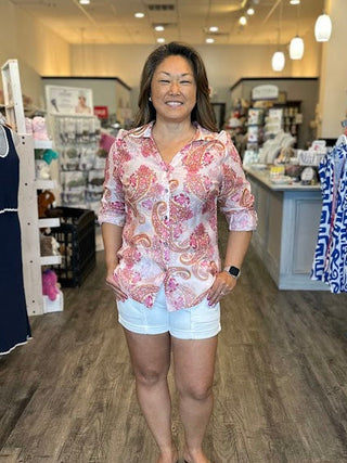 Pink paisley long sleeve button down shirt