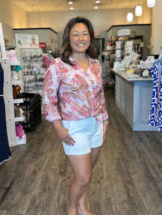 Pink paisley long sleeve button down shirt