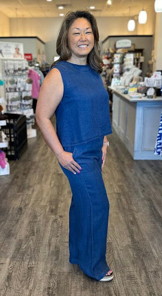 Chambray Elastic Waist Wide Leg Pants