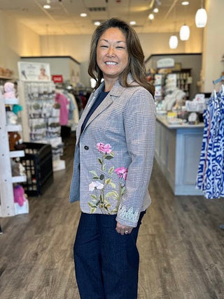 Woven Pin Stripe Embroidered Blazer