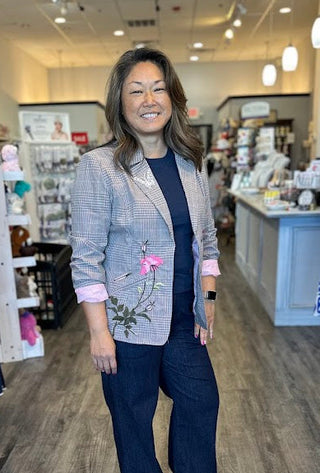 Woven Pin Stripe Embroidered Blazer