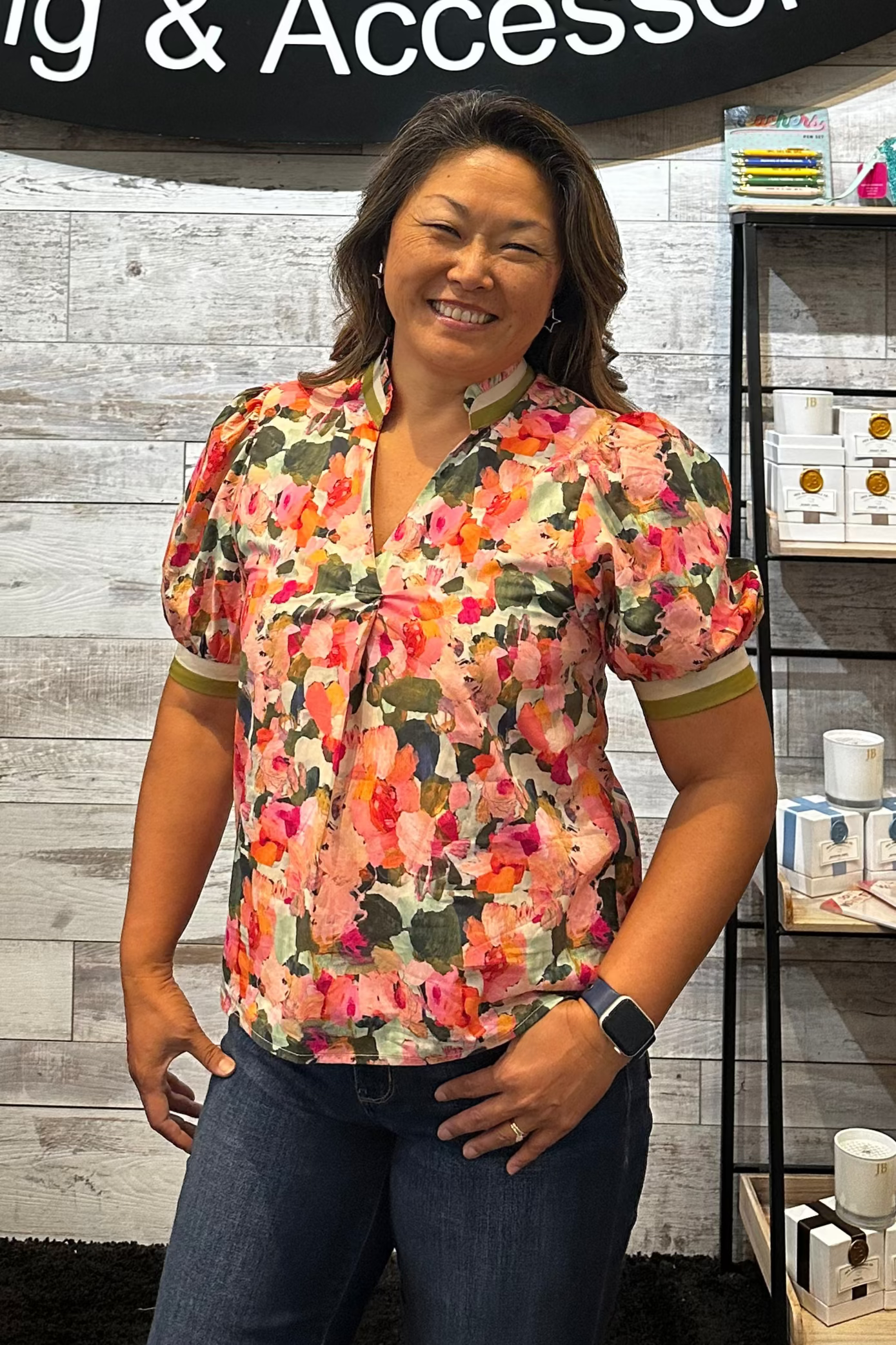 Sale Puff Sleeve Floral Print w/Contrast Trim