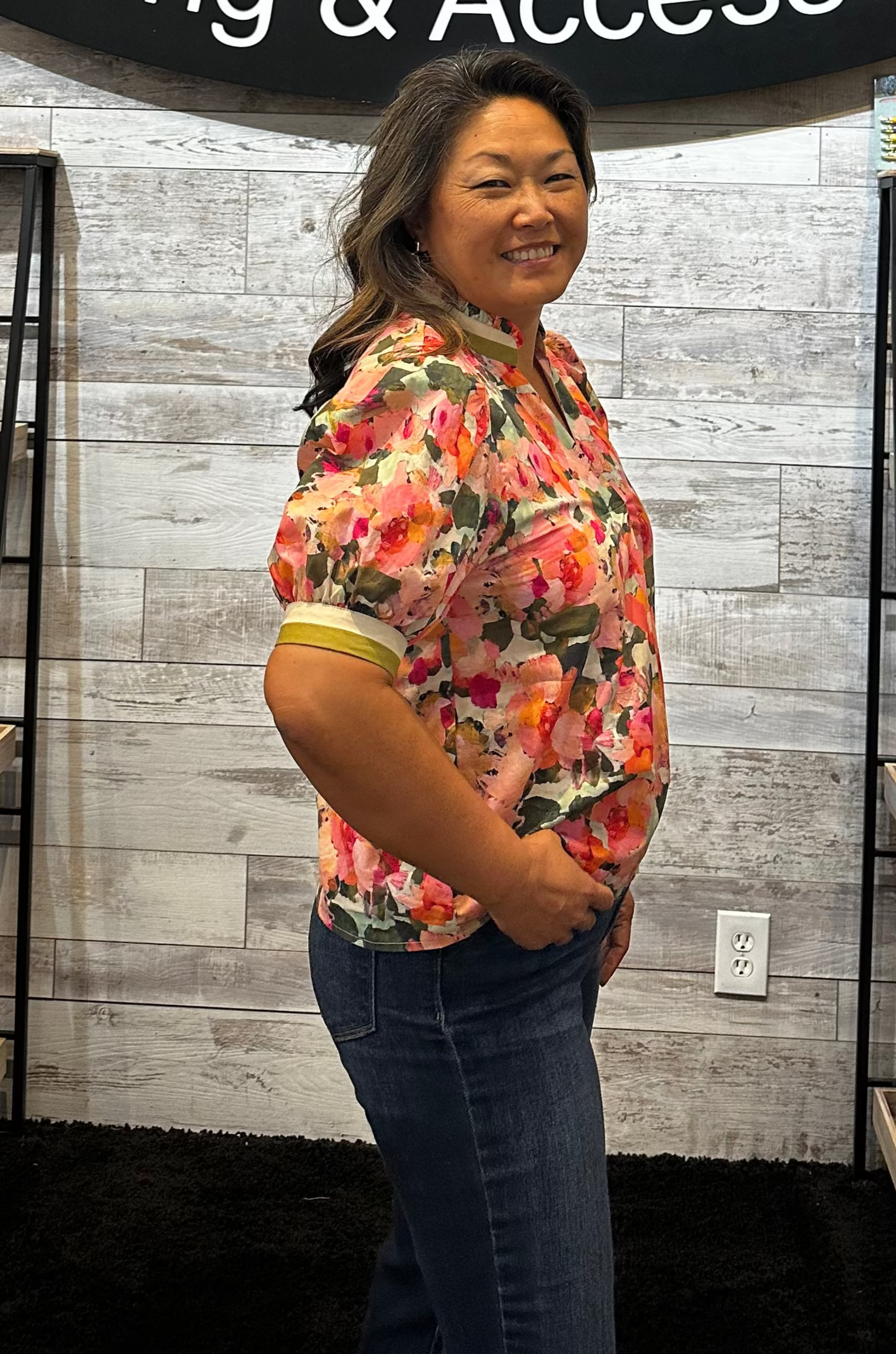 Sale Puff Sleeve Floral Print w/Contrast Trim