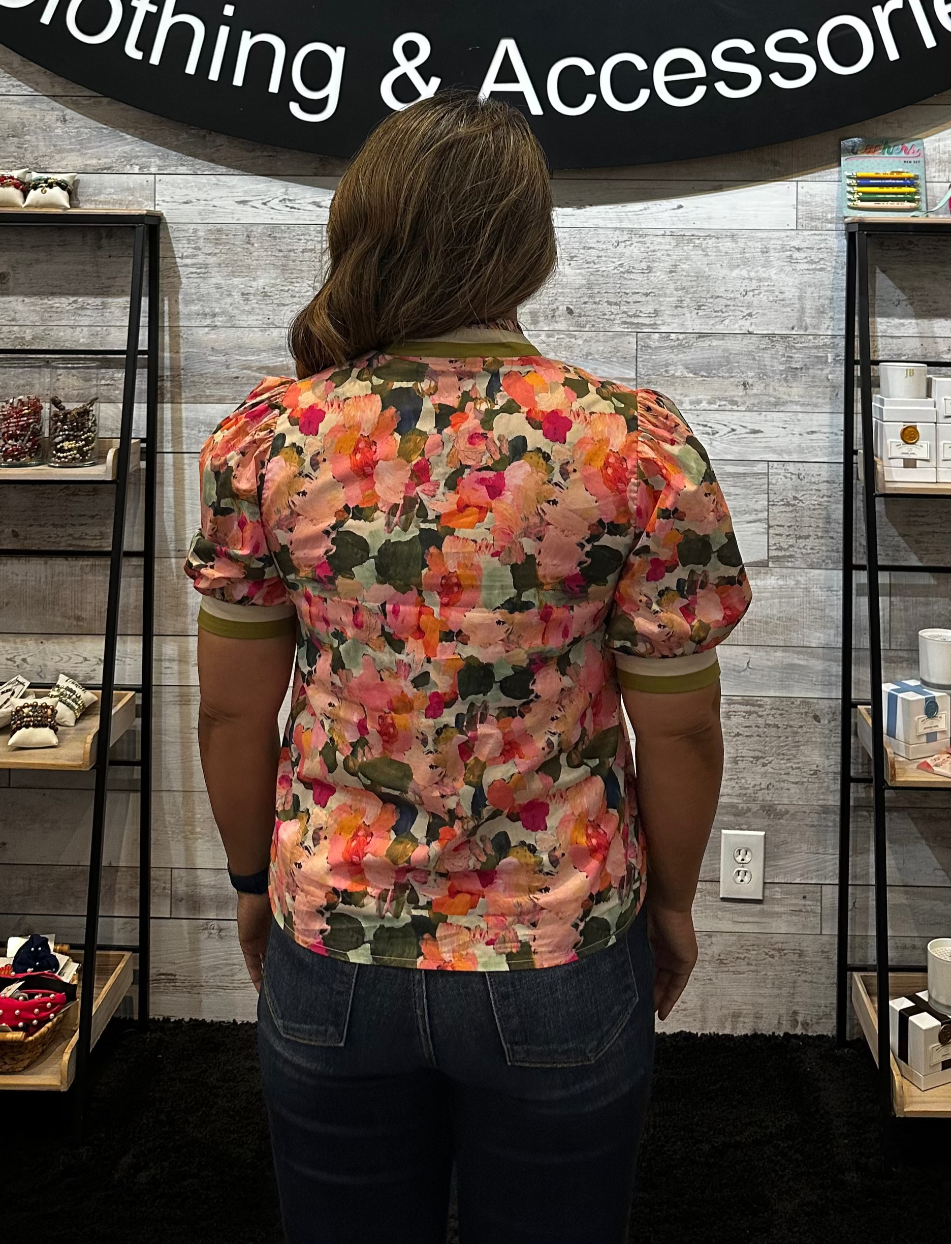 Sale Puff Sleeve Floral Print w/Contrast Trim