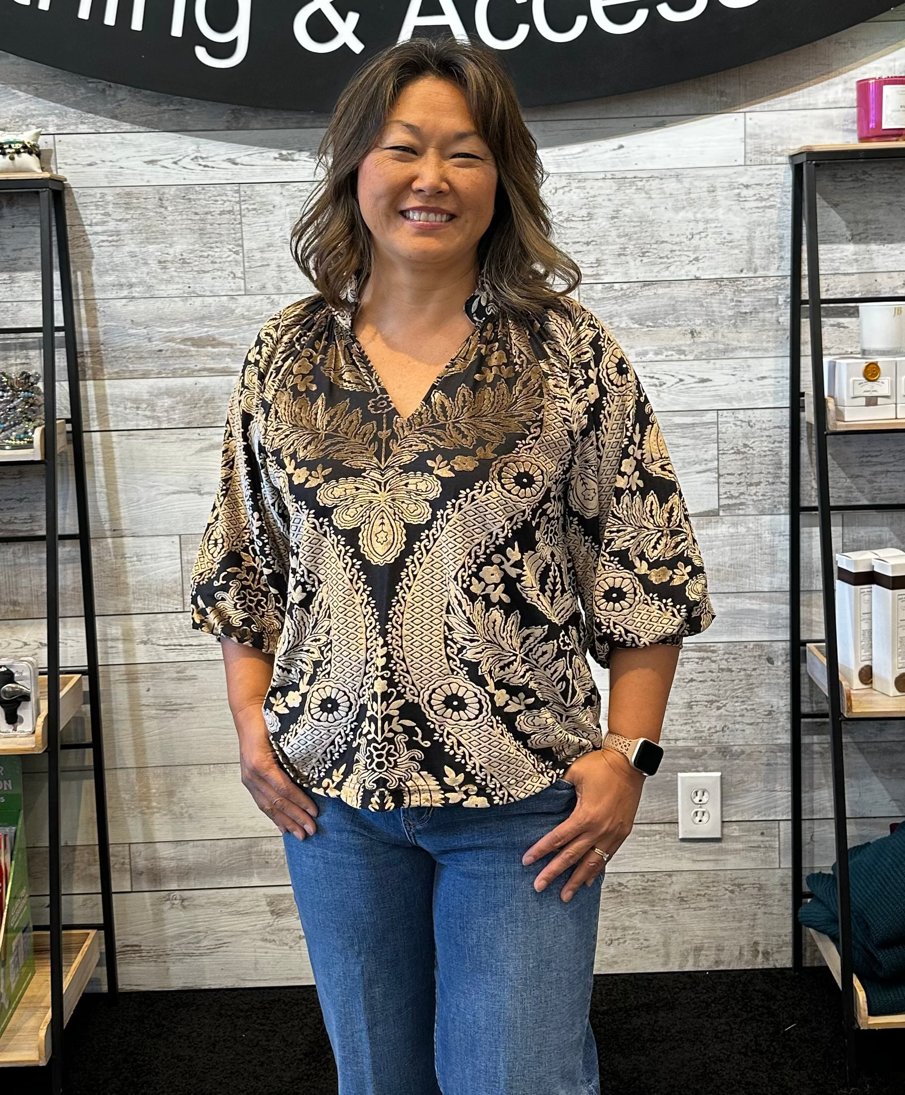 Sale Damask Print Velvet Split V-Neck 3/4 Sleeve Top