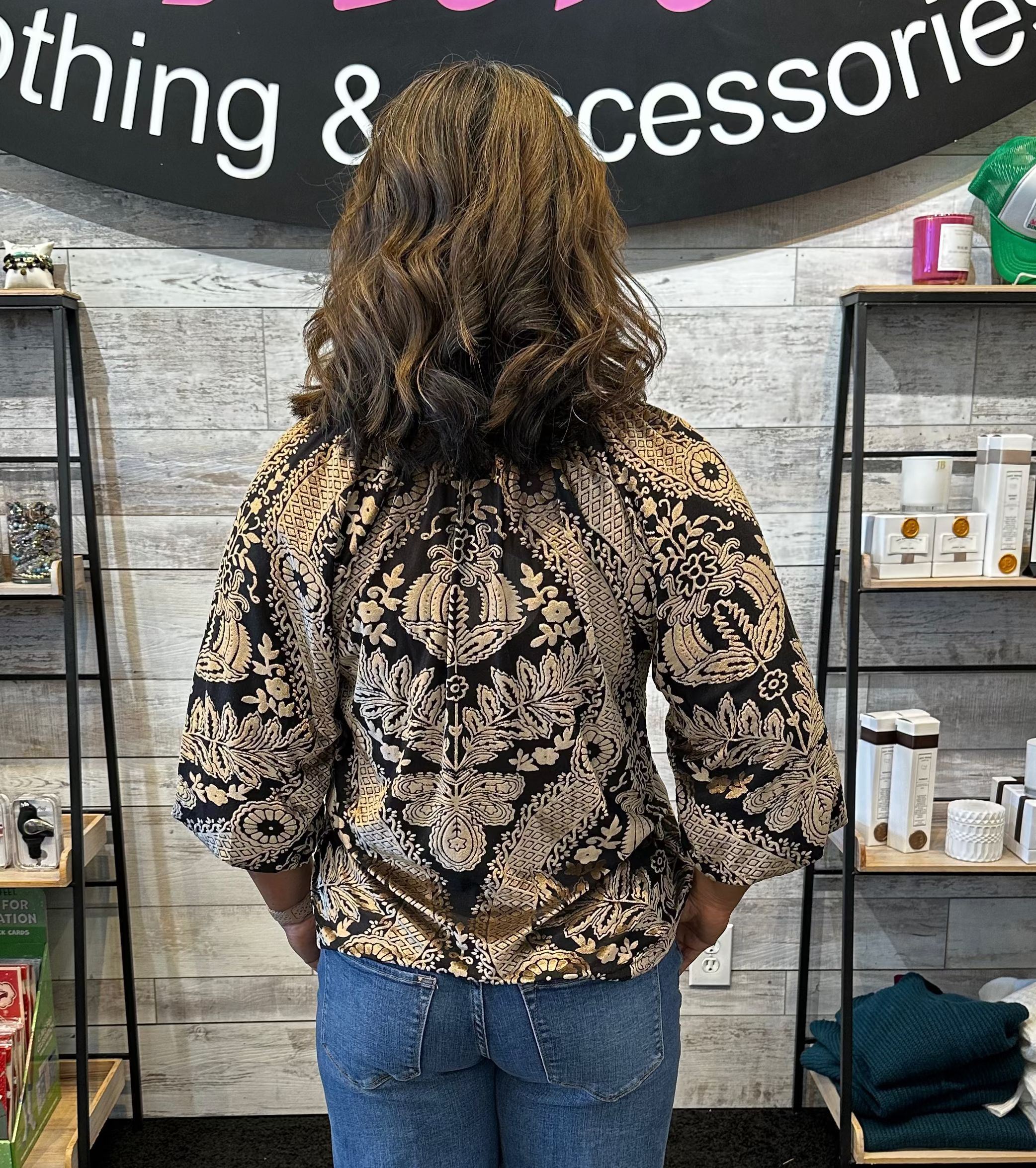 Sale Damask Print Velvet Split V-Neck 3/4 Sleeve Top