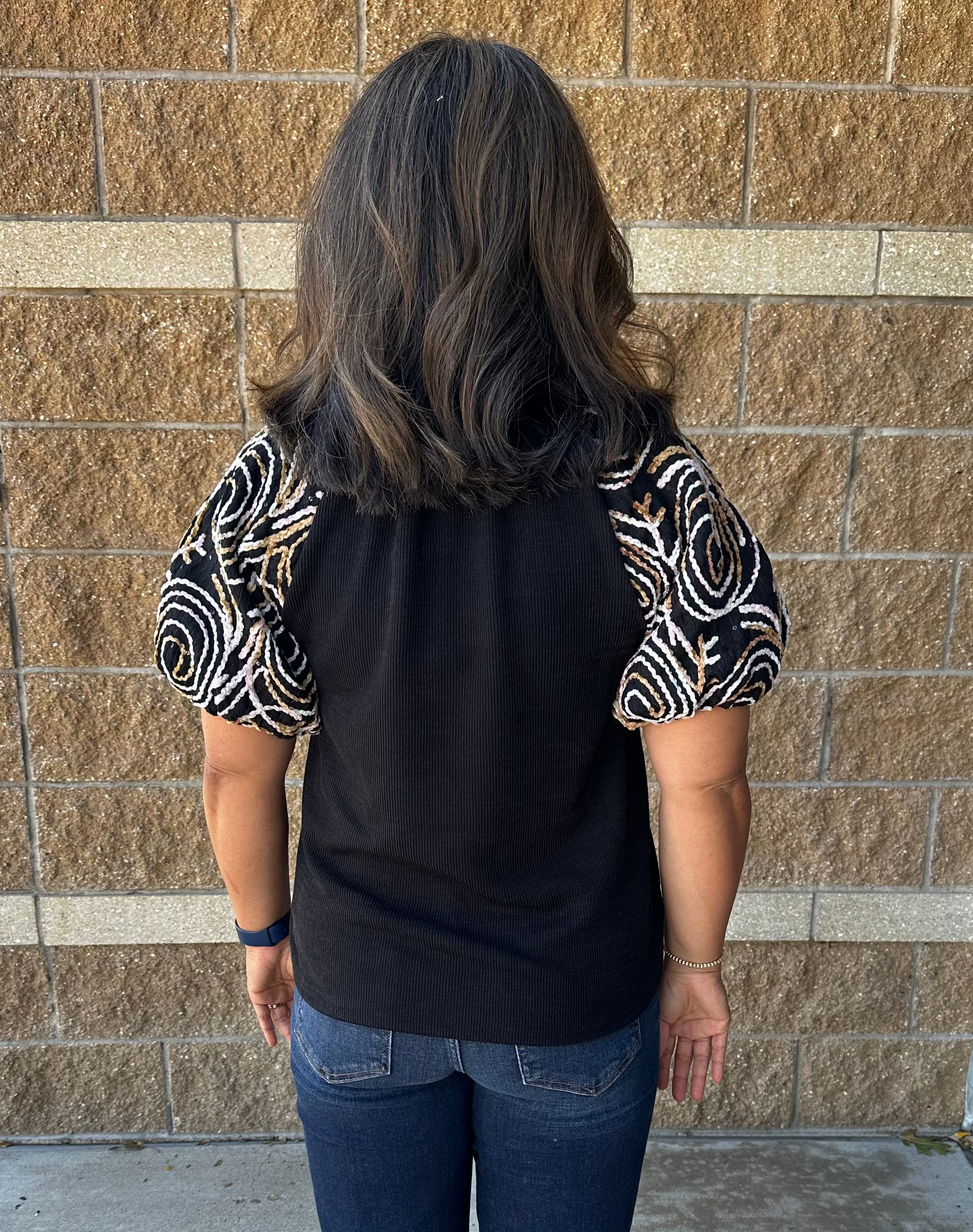 Embroidered Detail Puff Sleeve V-Neck