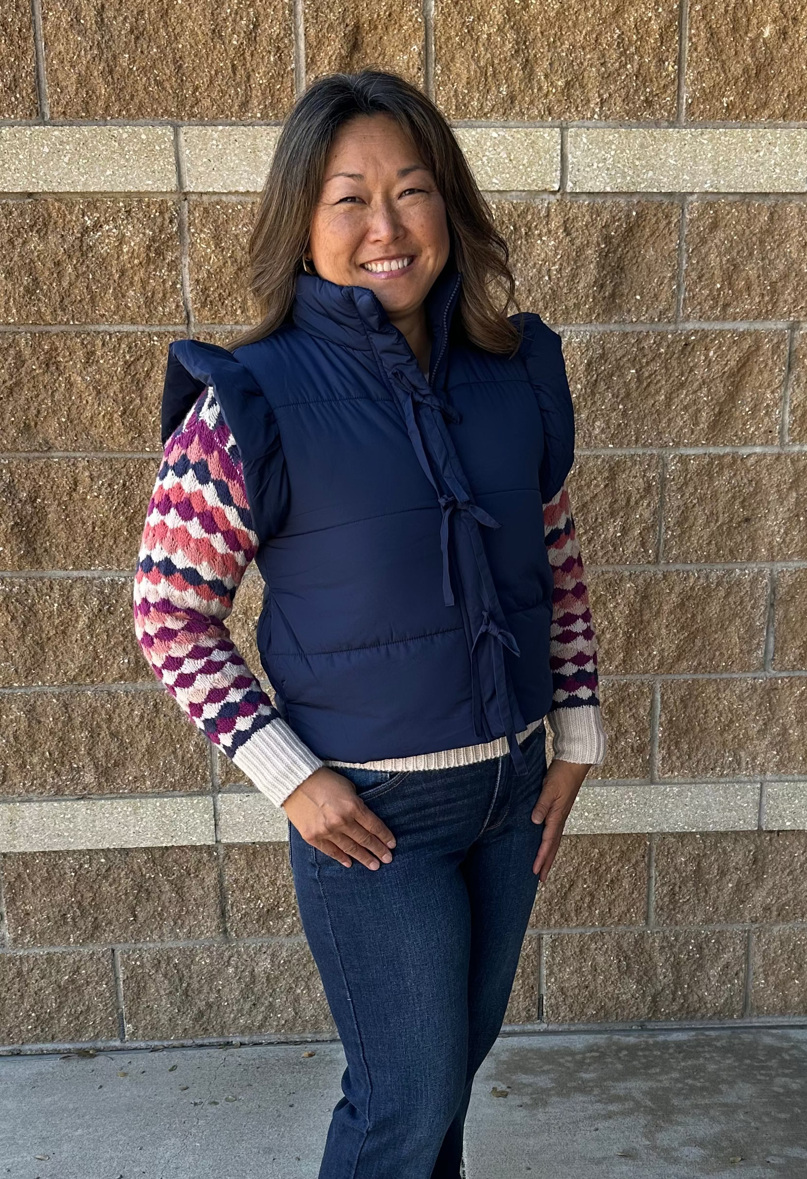 Flutter Sleeve Bow Detail Zip-Up Puffer Vest Navy