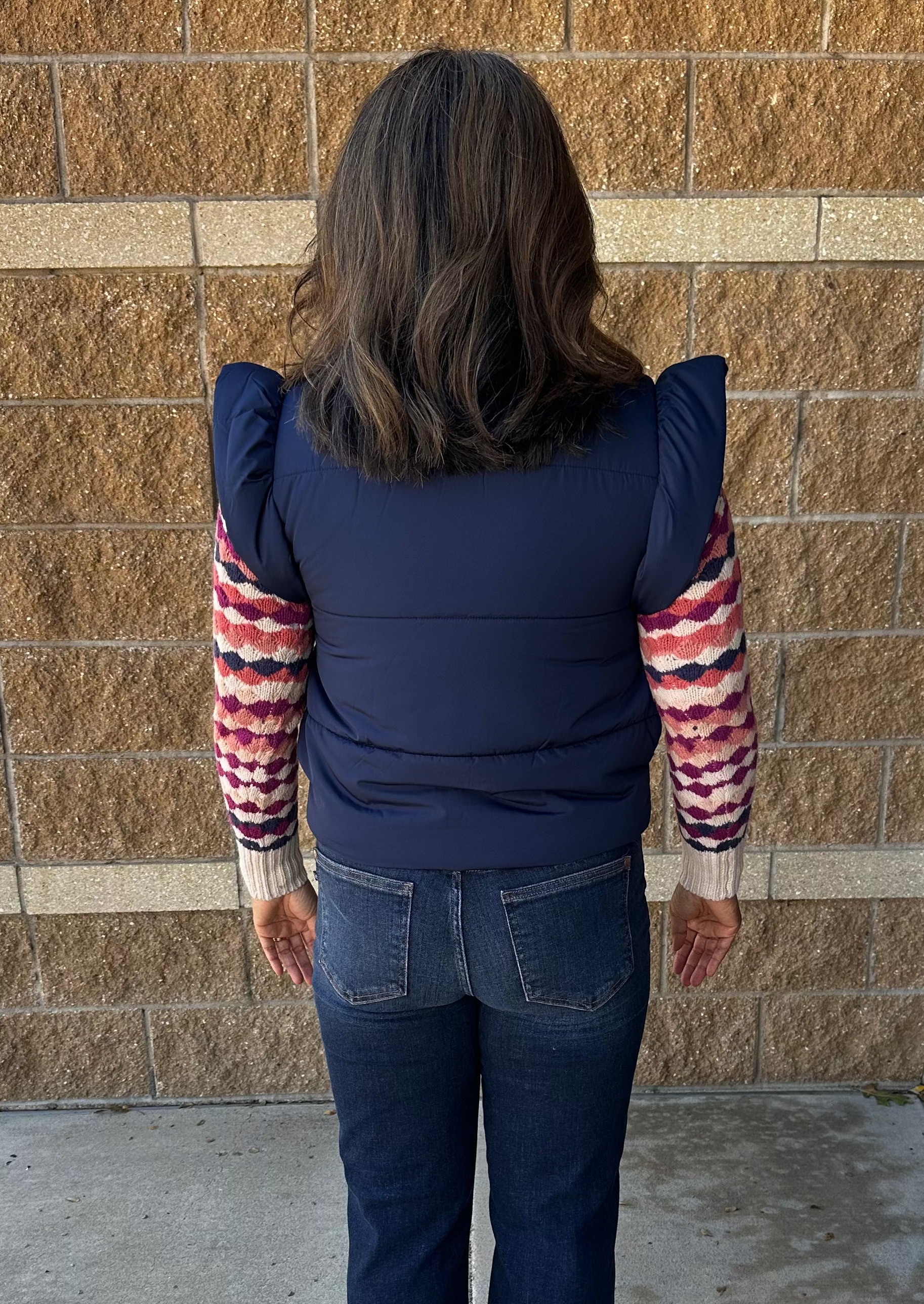 Flutter Sleeve Bow Detail Zip-Up Puffer Vest Navy