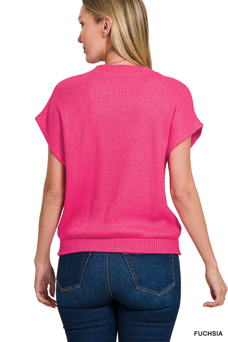 Round Neck Banded Bottom Short Sleeve Sweater Hot Pink