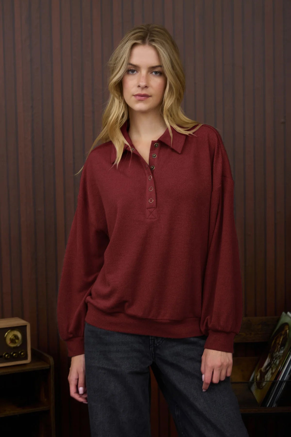 Collared Half Snap Button Long Sleeve Knit Top Deep Red