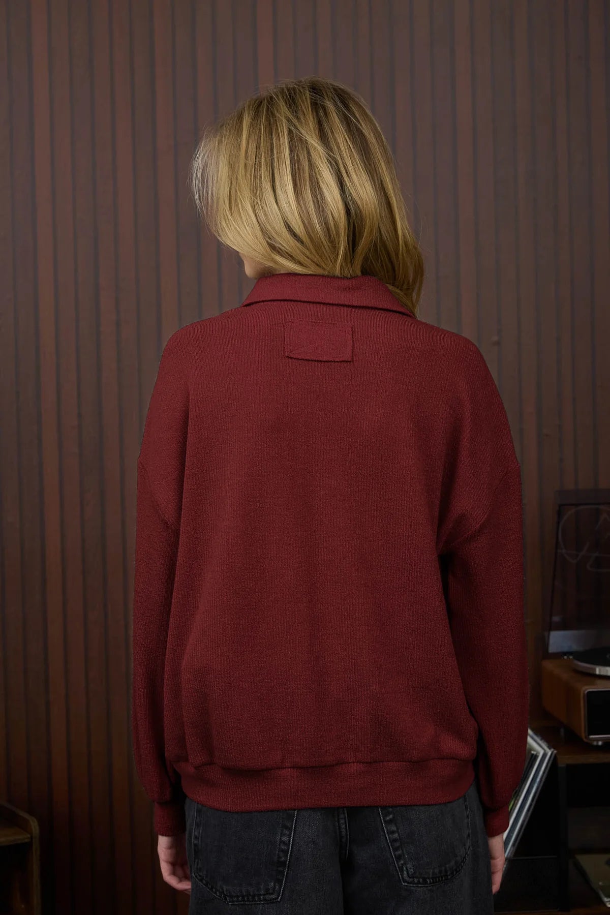 Collared Half Snap Button Long Sleeve Knit Top Deep Red
