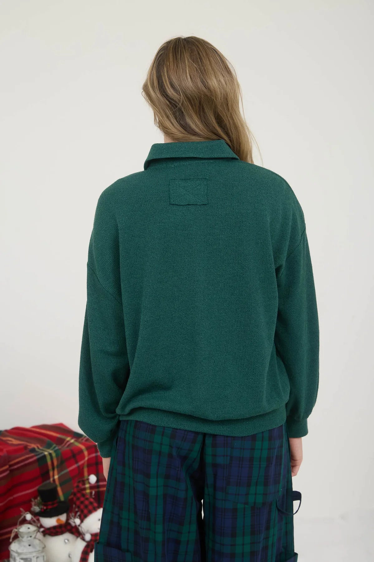 Collared Half Snap Button Long Sleeve Knit Top Forest Green
