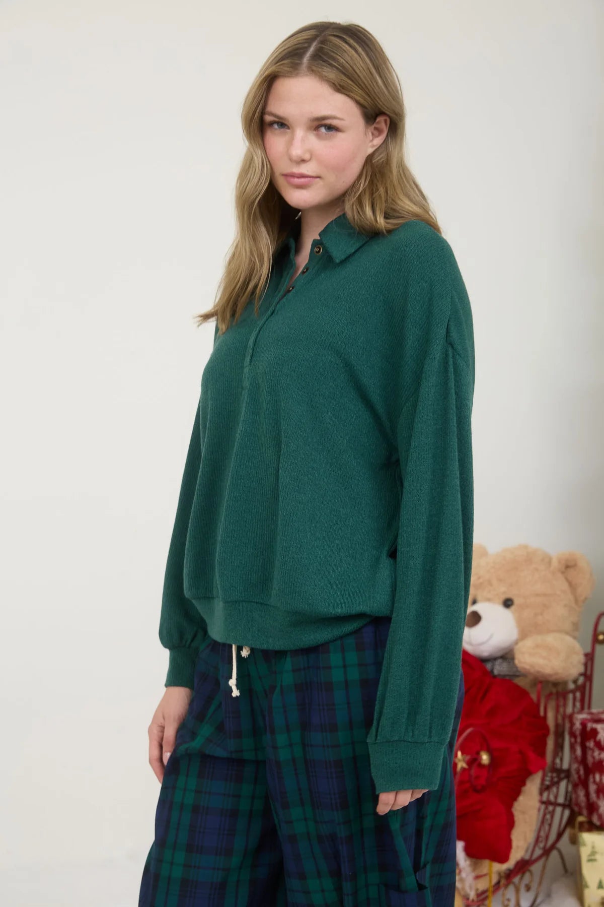 Collared Half Snap Button Long Sleeve Knit Top Forest Green