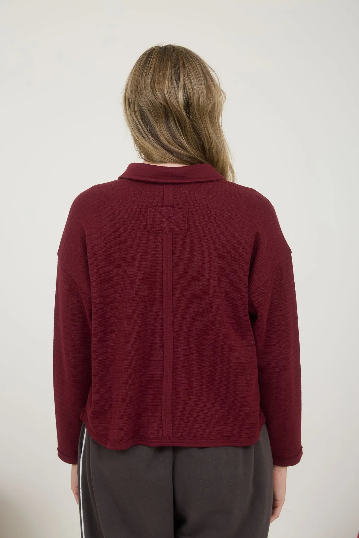 Collared V-Neckline Long Sleeve Top Oxblood