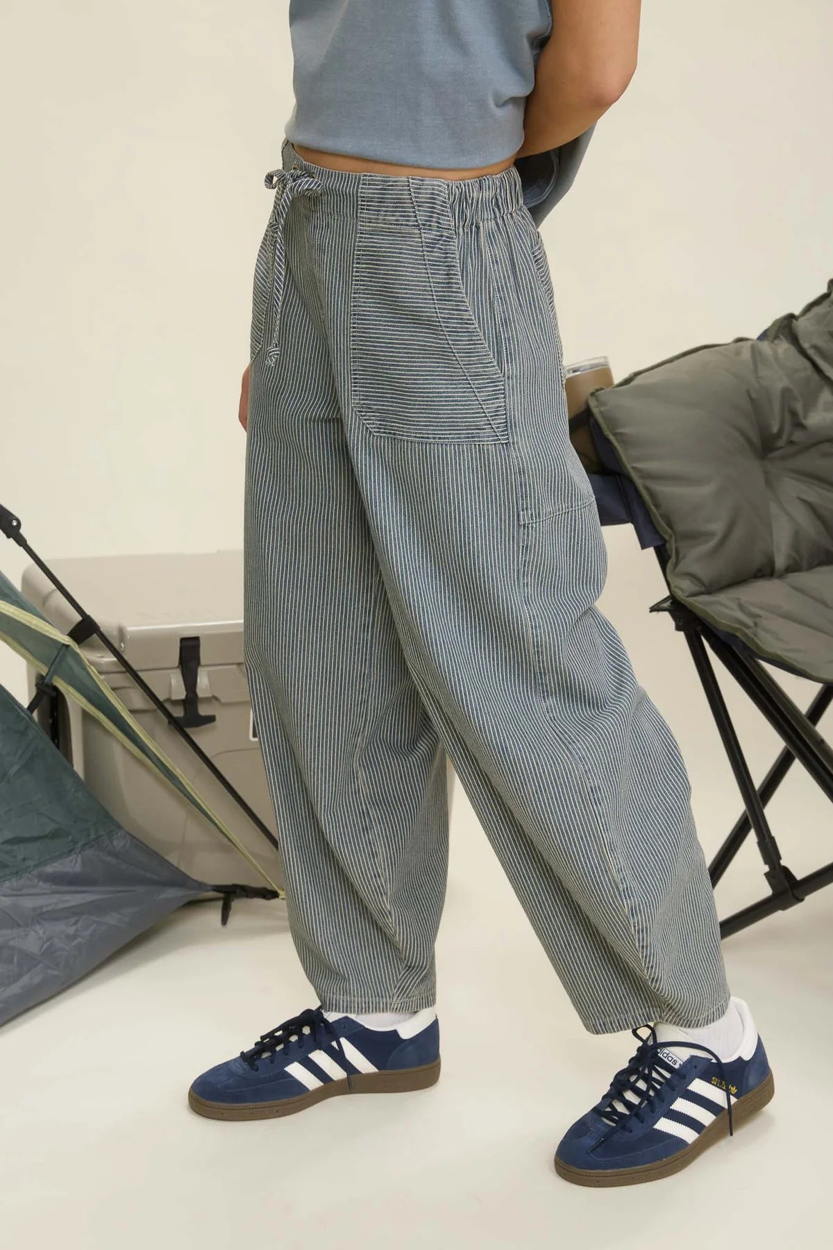 Stripe Denim Drawstring Waist Wide Leg Narrow Ankle Pant
