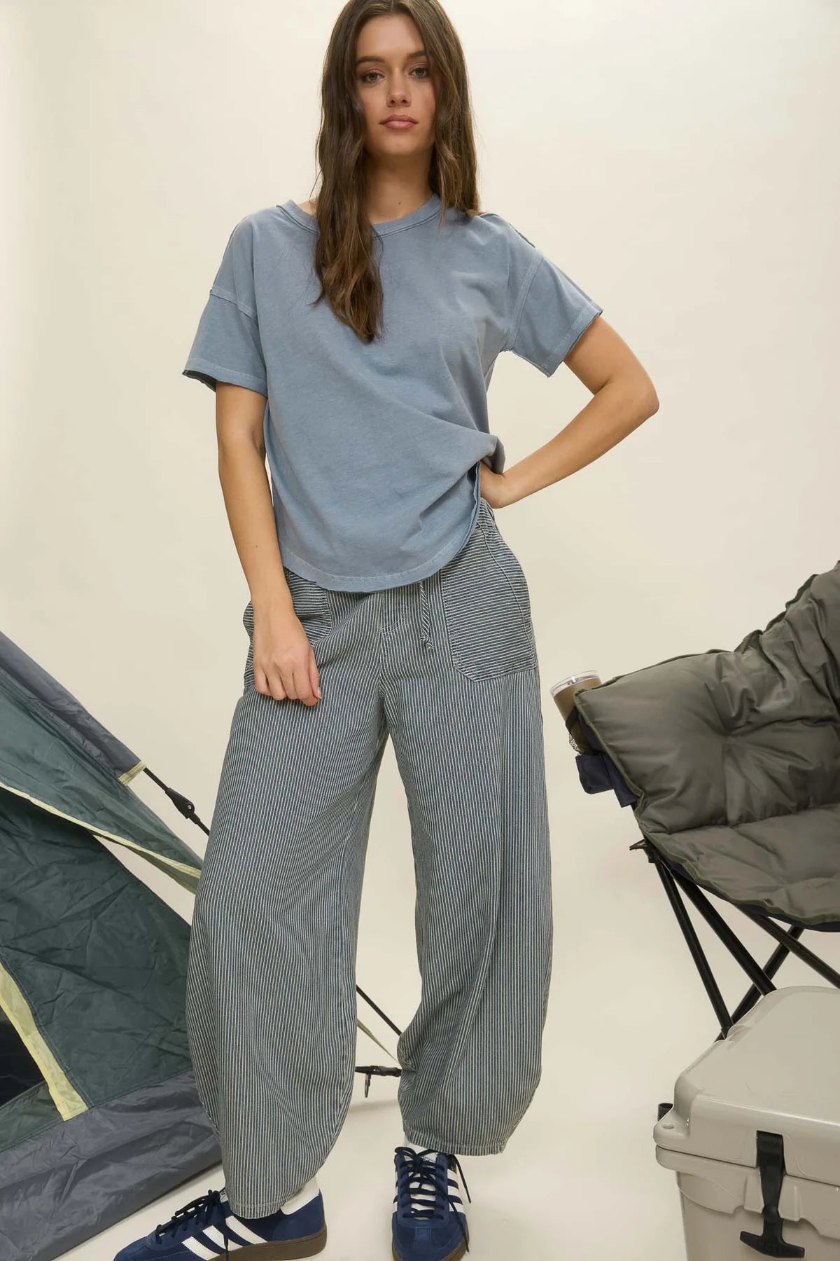 Stripe Denim Drawstring Waist Wide Leg Narrow Ankle Pant