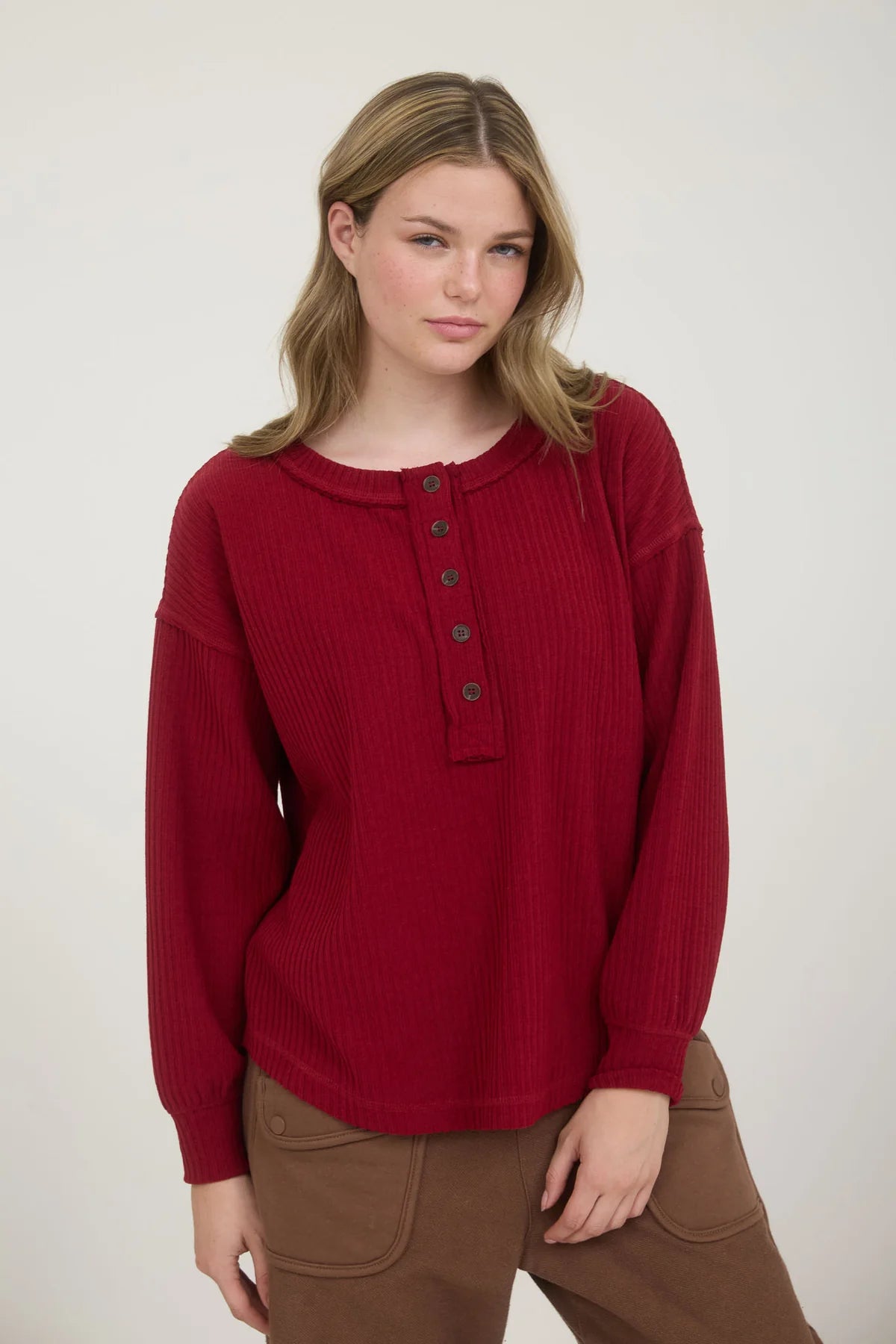 Ribbed Henley Long Sleeve Top Deep Red