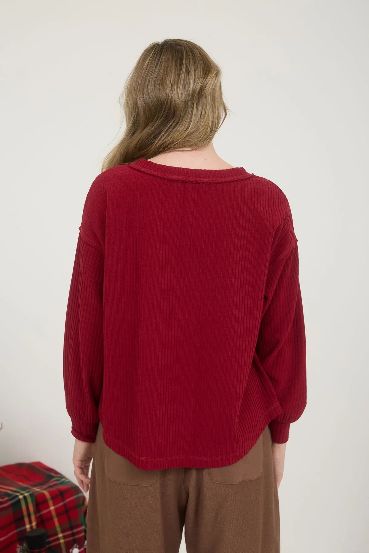 Ribbed Henley Long Sleeve Top Deep Red