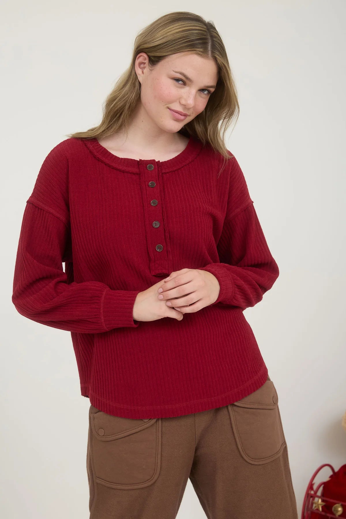 Ribbed Henley Long Sleeve Top Deep Red