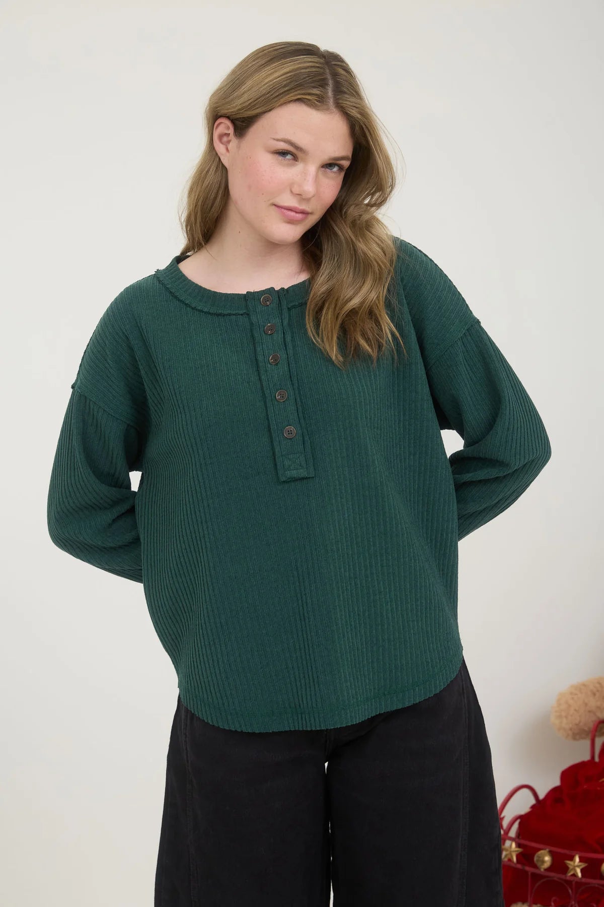 Ribbed Henley Long Sleeve Top Hunter Green