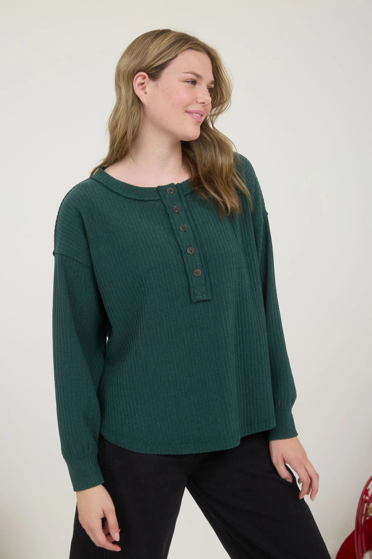 Ribbed Henley Long Sleeve Top Hunter Green