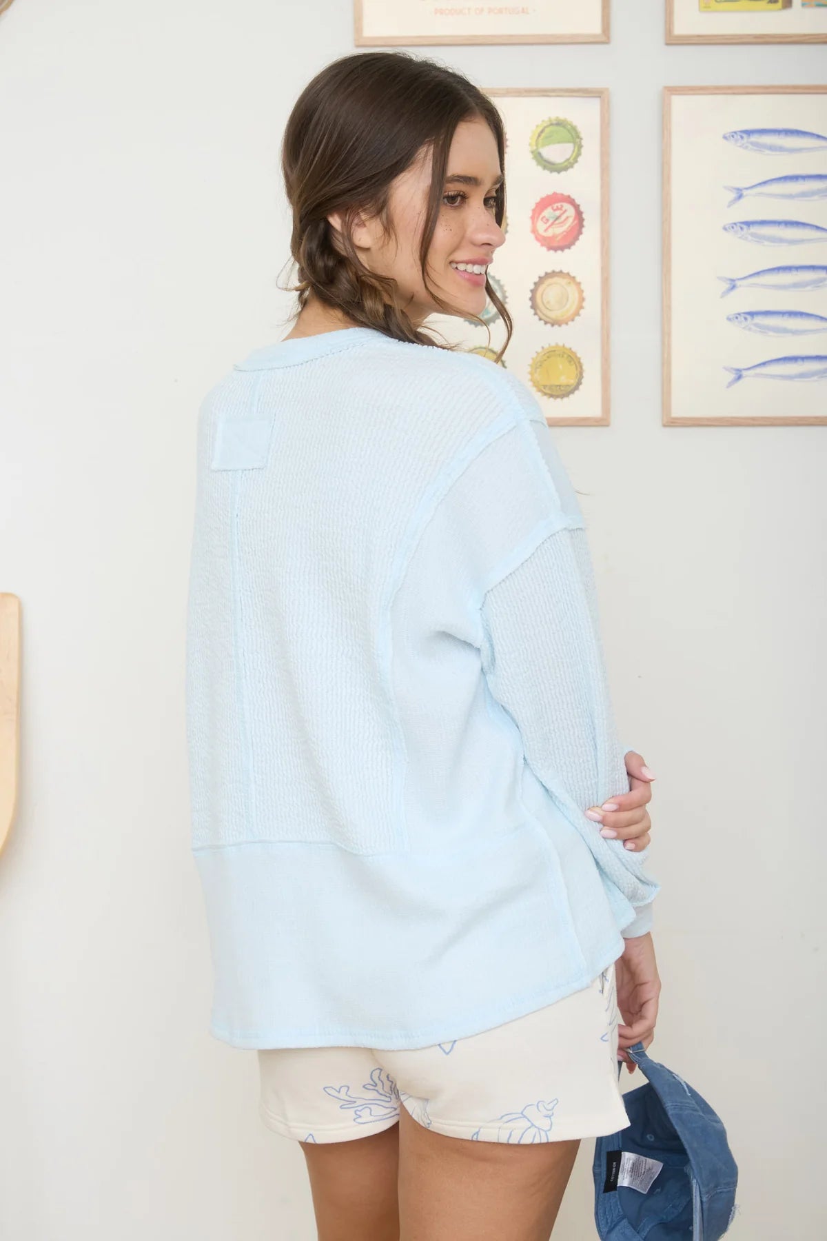 Split Neck Raw Edge Long Sleeve Top Baby Blue