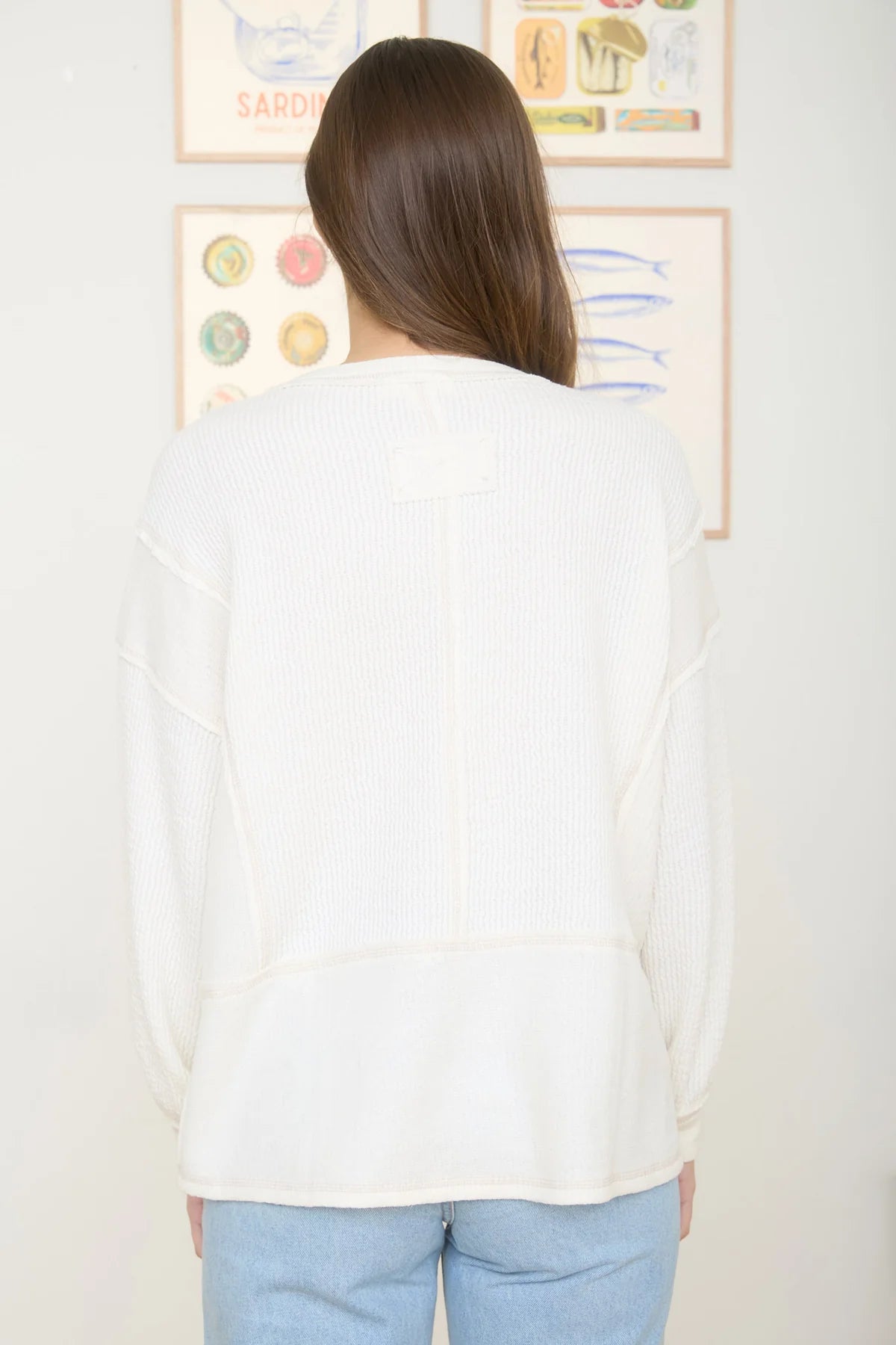 Split Neck Raw Edge Long Sleeve Top Ivory
