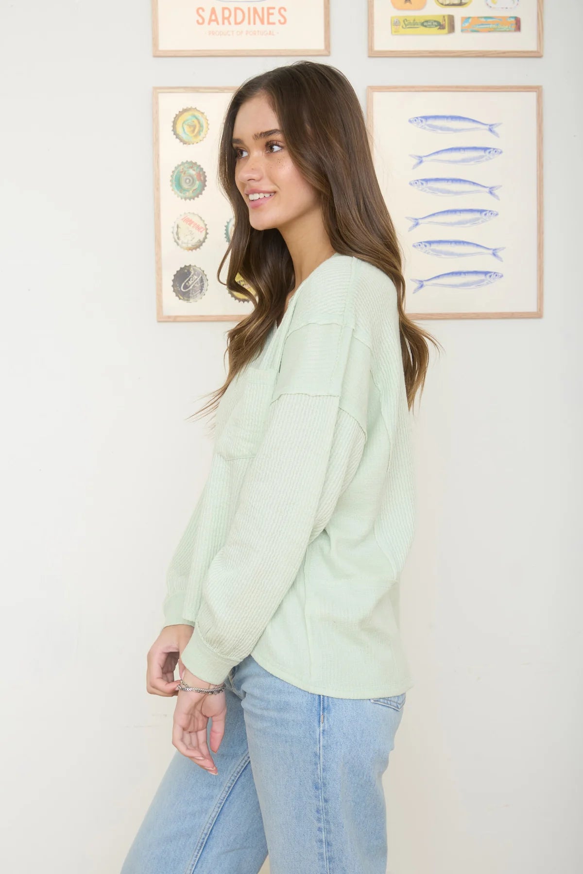 Split Neck Raw Edge Long Sleeve Top Light Green