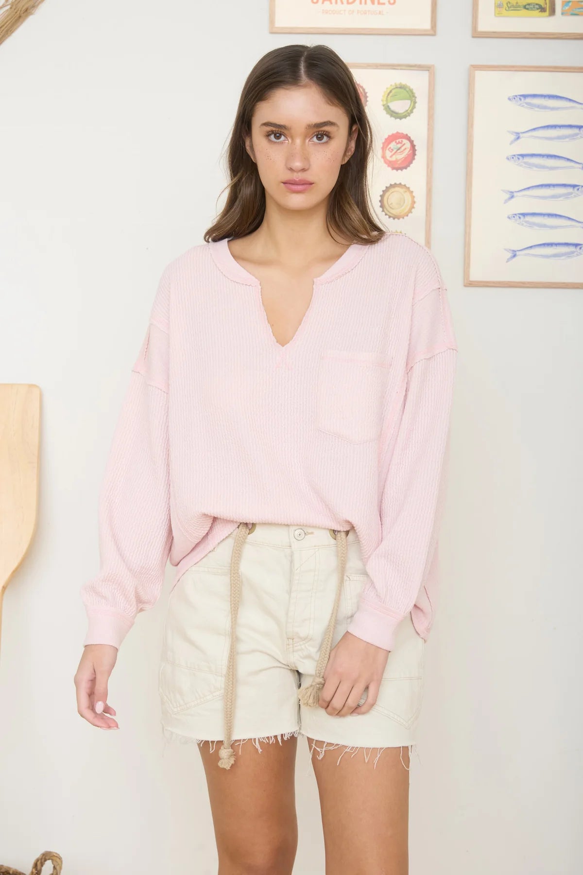 Split Neck Raw Edge Long Sleeve Top Light Pink