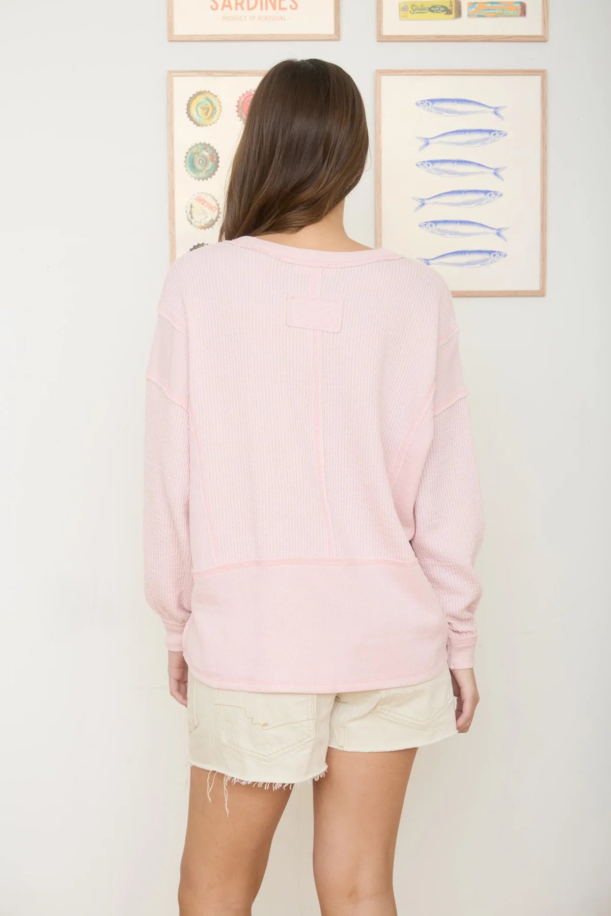 Split Neck Raw Edge Long Sleeve Top Light Pink