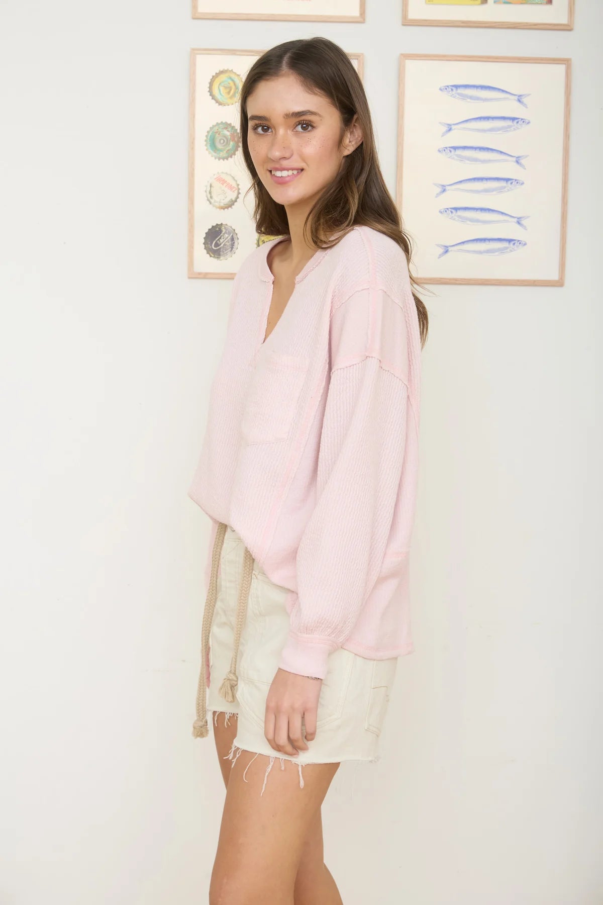 Split Neck Raw Edge Long Sleeve Top Light Pink