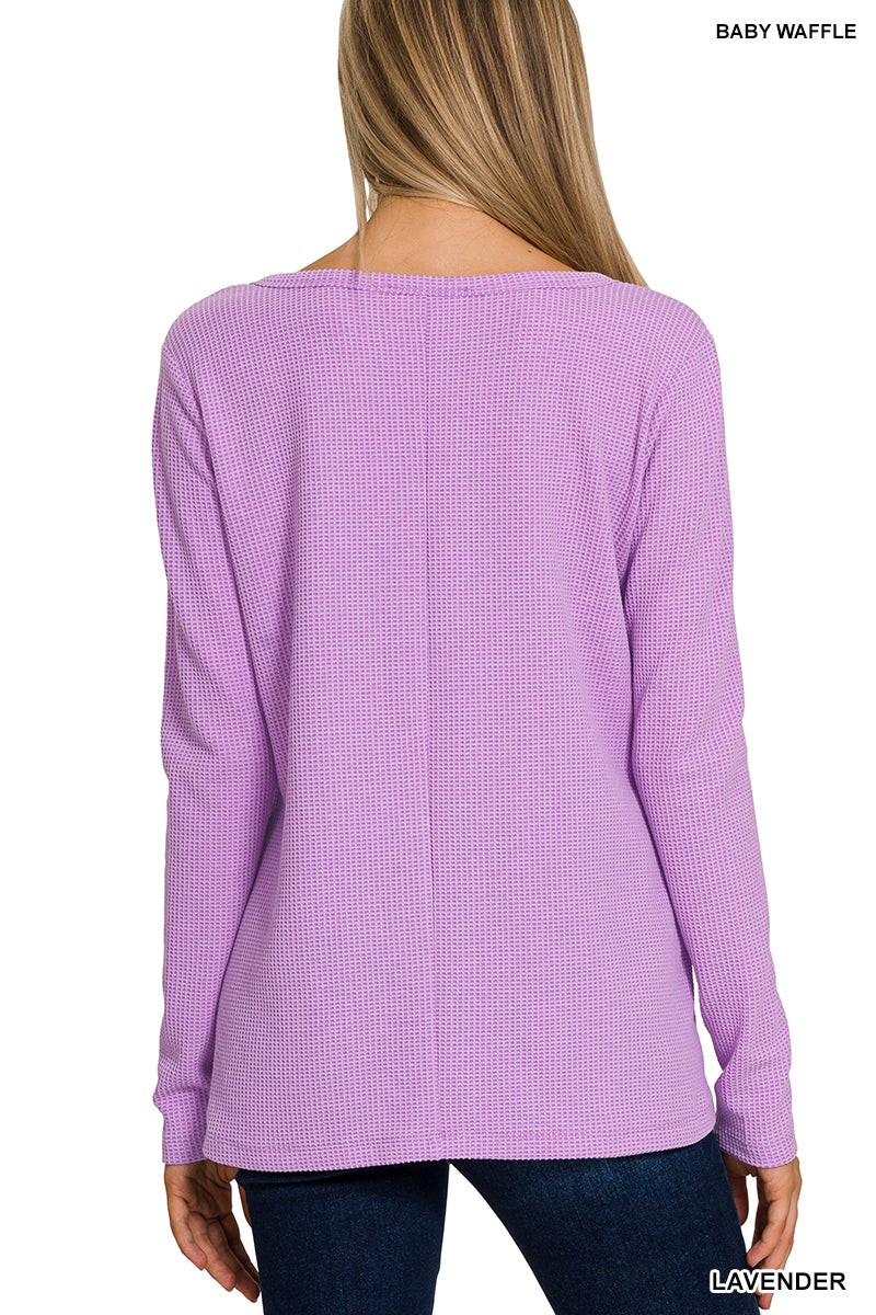Final Sale Melange Baby Waffle V-Neck Long Sleeve Top Ruby