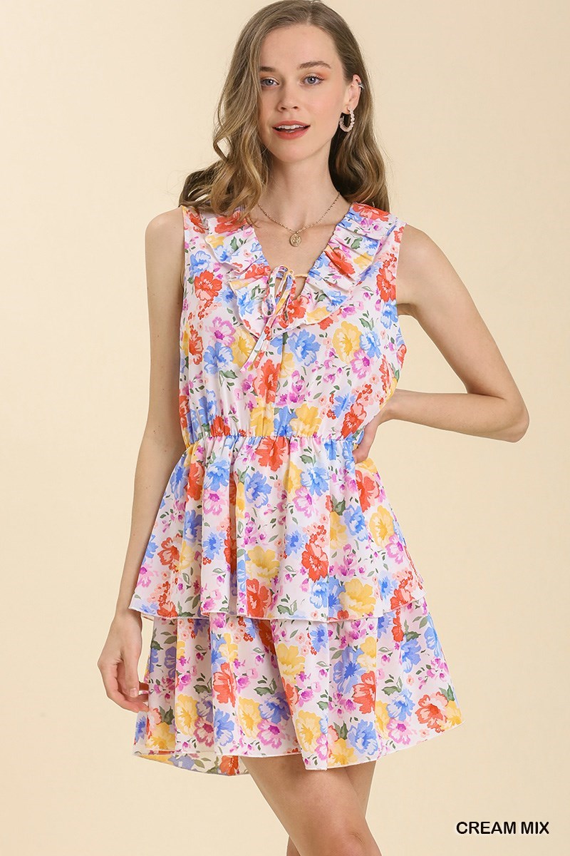 Final Sale Sleeveless Floral Print Ruffle V-Neck Dress 9/25